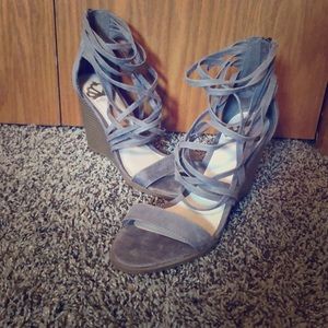 Fergalicious Suede Taupe Wedge Sandals